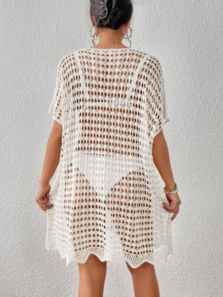 White Crochet Swim Cover Up Dress with Short Sleeve - Bsubseach