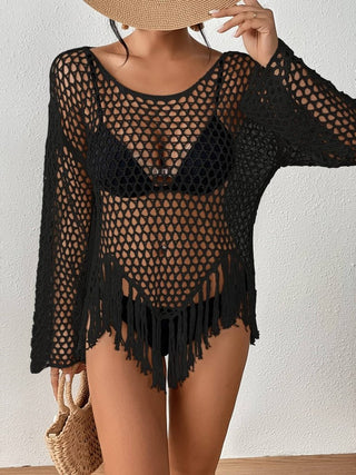 Women's Long Sleeve Black Crochet Swimsuit Cover - Up - Bsubseach