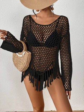 Women's Long Sleeve Black Crochet Swimsuit Cover - Up - Bsubseach