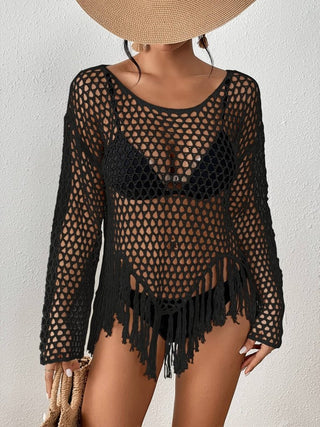 Women's Long Sleeve Black Crochet Swimsuit Cover - Up - Bsubseach