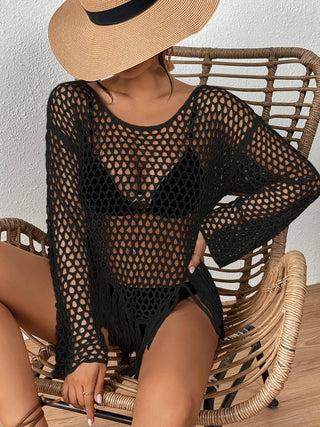 Women's Long Sleeve Black Crochet Swimsuit Cover - Up - Bsubseach