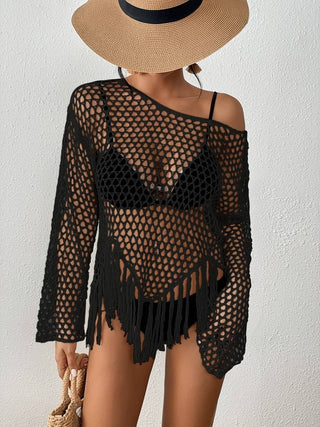 Women's Long Sleeve Black Crochet Swimsuit Cover - Up - Bsubseach