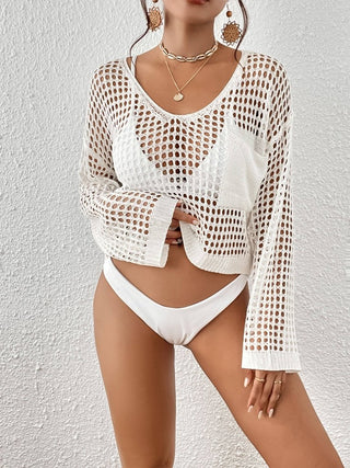 Women's Long Sleeve Crochet Swimsuit Cover Up Beachwear - Bsubseach