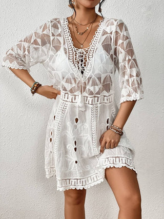 Women's V Neck Contrast Lace Swimsuit Cover - Up - Beach Dress - Bsubseach