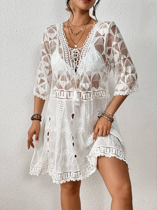 Women's V Neck Contrast Lace Swimsuit Cover - Up - Beach Dress - Bsubseach