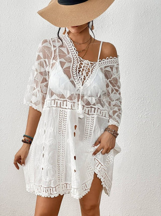 Women's V Neck Contrast Lace Swimsuit Cover - Up - Beach Dress - Bsubseach