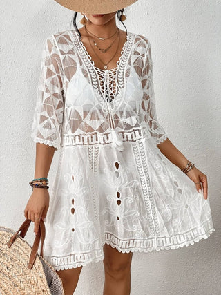 Women's V Neck Contrast Lace Swimsuit Cover - Up - Beach Dress - Bsubseach