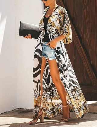 Zebra Print Chiffon Kimono Swimwear Cover Up - Bsubseach