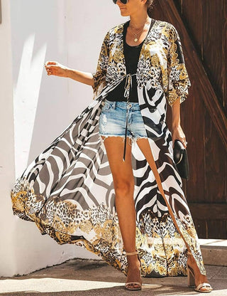 Zebra Print Chiffon Kimono Swimwear Cover Up - Bsubseach