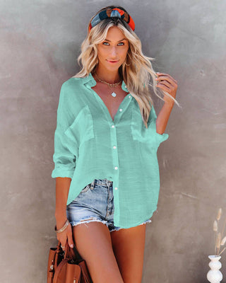 Solid Color Button Down Short Beach Shirt With Pockets