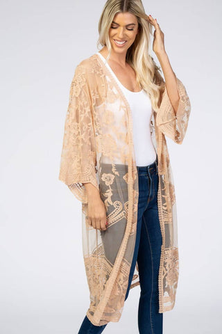 Mesh Open Front Kimono Lace Black