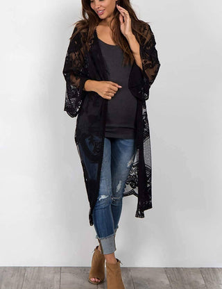 Mesh Open Front Kimono Lace Black