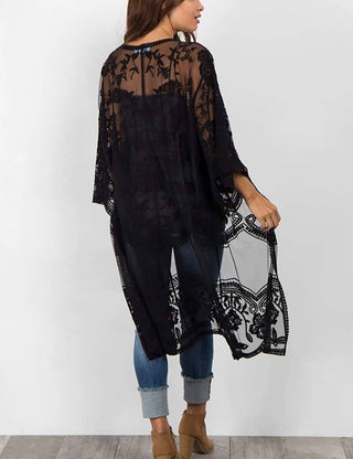 Mesh Open Front Kimono Lace Black