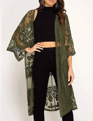 Mesh Open Front Kimono Lace Black