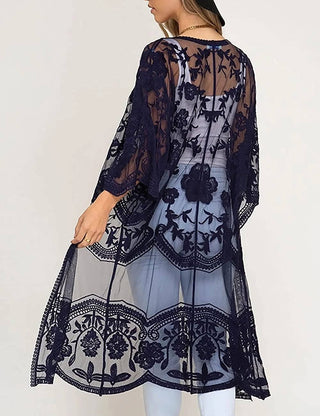 Mesh Open Front Kimono Lace Black