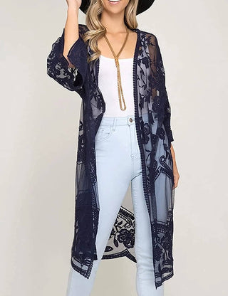 Mesh Open Front Kimono Lace Black