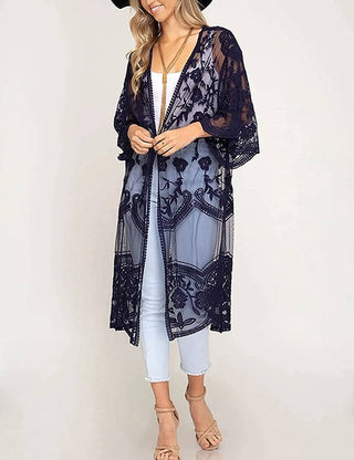 Mesh Open Front Kimono Lace Black