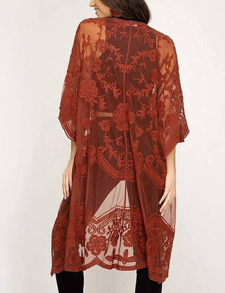 Mesh Open Front Kimono Lace Black