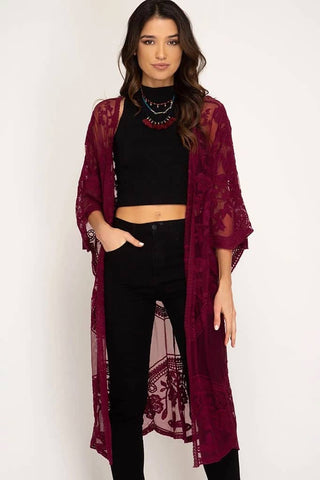 Mesh Open Front Kimono Lace Black