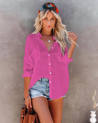 Solid Color Button Down Short Beach Shirt With Pockets